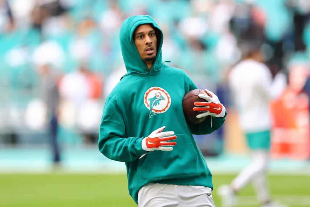 MIAMI GARDENS, FLORIDA - DECEMBER 24: Robbie Chosen #3 of the Miami Dolphins participates in warmups prior to a game against the Dallas Cowboys at Hard Rock Stadium on December 24, 2023 in Miami Gardens, Florida. The Dolphins defeated the Cowboys 22-20.
