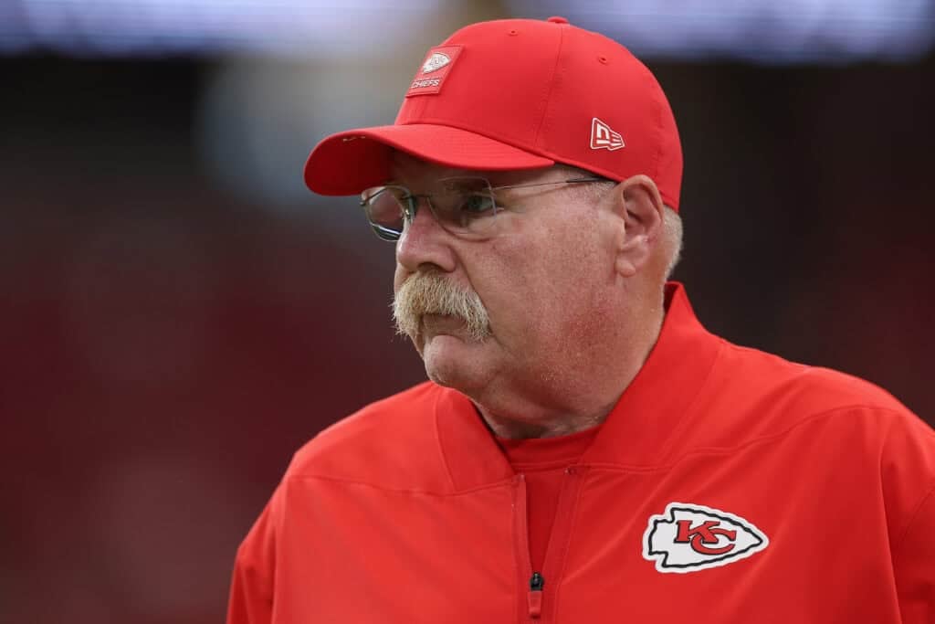 GLENDALE, ARIZONA - AUGUST 09: Head coach Andy Reid of the Kansas City Chiefs walks on the field during the NFL Preseason 2025 game against the Arizona Cardinals at State Farm Stadium on August 09, 2025 in Glendale, Arizona.