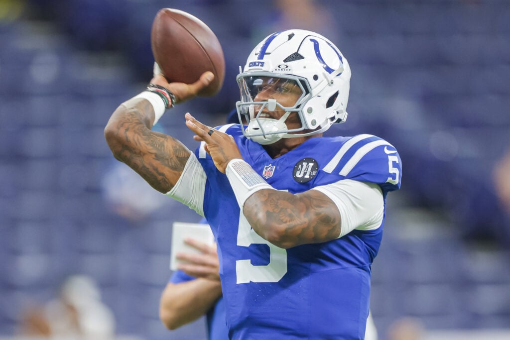 INDIANAPOLIS, INDIANA - AUGUST 16: Anthony Richardson Sr. #5 of the Indianapolis Colts warms up before the NFL Preseason 2025 game between Green Bay Packers and Indianapolis Colts at Lucas Oil Stadium on August 16, 2025 in Indianapolis, Indiana.
