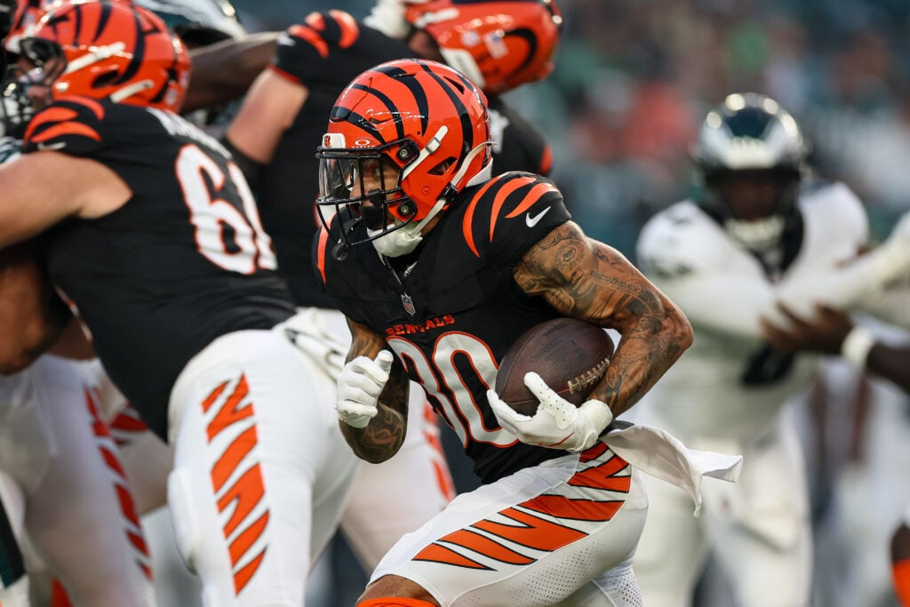 PHILADELPHIA, PENNSYLVANIA - AUGUST 7: Chase Brown #30 of the Cincinnati Bengals carries the ball against the Philadelphia Eagles during the first half of the NFL Preseason 2025 game at Lincoln Financial Field on August 7, 2025 in Philadelphia, Pennsylvania.