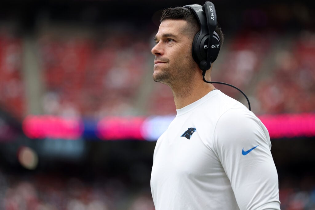 HOUSTON, TEXAS - AUGUST 16: Head coach Dave Canales of the Carolina Panthers stands on the sideline in the first half against the Houston Texans during the NFL Preseason 2025 game at NRG Stadium on August 16, 2025 in Houston, Texas.