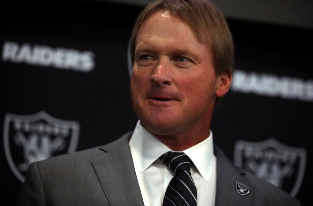 ALAMEDA, CA - JANUARY 09: Oakland Raiders new head coach Jon Gruden looks on during a news conference at Oakland Raiders headquarters on January 9, 2018 in Alameda, California. Jon Gruden has returned to the Oakland Raiders after leaving the team in 2001.