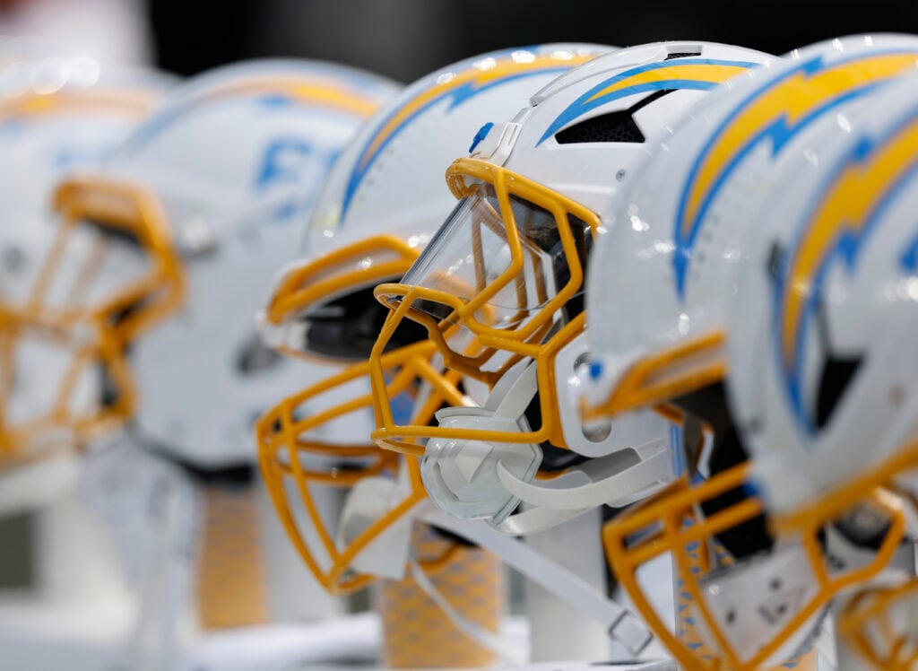 INGLEWOOD, CALIFORNIA - AUGUST 16: Los Angeles Chargers helmets before the NFL Preseason 2025 game between Los Angeles Chargers and Los Angeles Rams at SoFi Stadium on August 16, 2025 in Inglewood, California.
