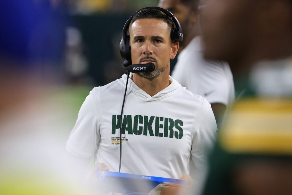 GREEN BAY, WISCONSIN - AUGUST 09: Head coach Matt LaFleur of the Green Bay Packers looks on during the second quarter against the New York Jets during the NFL Preseason 2025 game between New York Jets and Green Bay Packers at Lambeau Field on August 09, 2025 in Green Bay, Wisconsin.