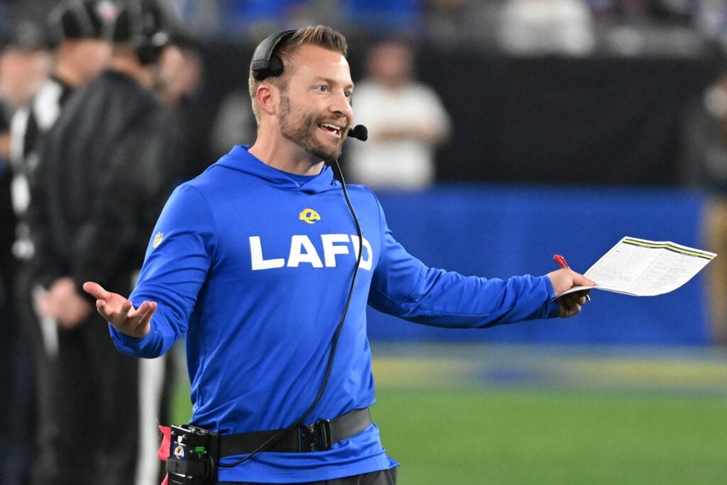 GLENDALE, ARIZONA - JANUARY 13: Head coach Sean McVay of the Los Angeles Rams reacts during the third quarter against the Minnesota Vikings during the NFC Wild Card Playoff at State Farm Stadium on January 13, 2025 in Glendale, Arizona.