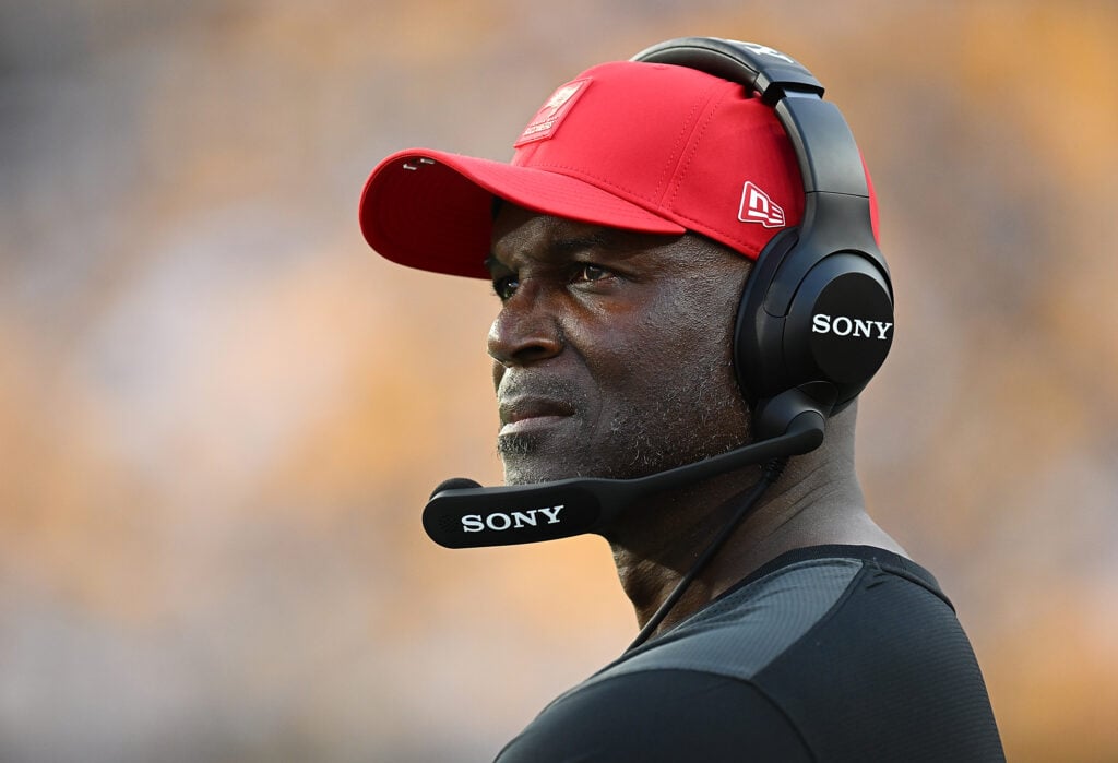 PITTSBURGH, PENNSYLVANIA - AUGUST 16: Head coach Todd Bowles of the Tampa Bay Buccaneers looks on during the first quarter of the NFL Preseason 2025 game against the Pittsburgh Steelers at Acrisure Stadium on August 16, 2025 in Pittsburgh, Pennsylvania.