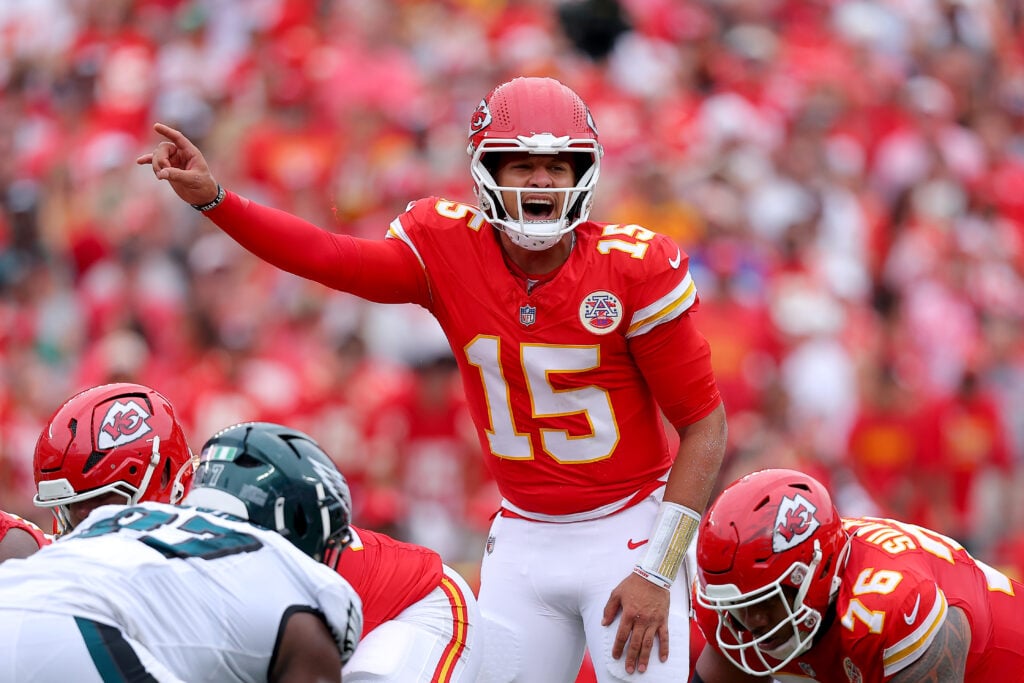 KANSAS CITY, MISSOURI - SEPTEMBER 14: Patrick Mahomes #15 of the Kansas City Chiefs reacts against the Philadelphia Eagles during the second quarter in the game at Arrowhead Stadium on September 14, 2025 in Kansas City, Missouri.