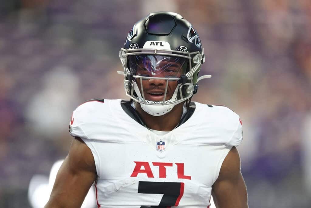 MINNEAPOLIS, MINNESOTA - SEPTEMBER 14: Bijan Robinson #7 of the Atlanta Falcons looks on against the Minnesota Vikings before the game at U.S. Bank Stadium on September 14, 2025 in Minneapolis, Minnesota.