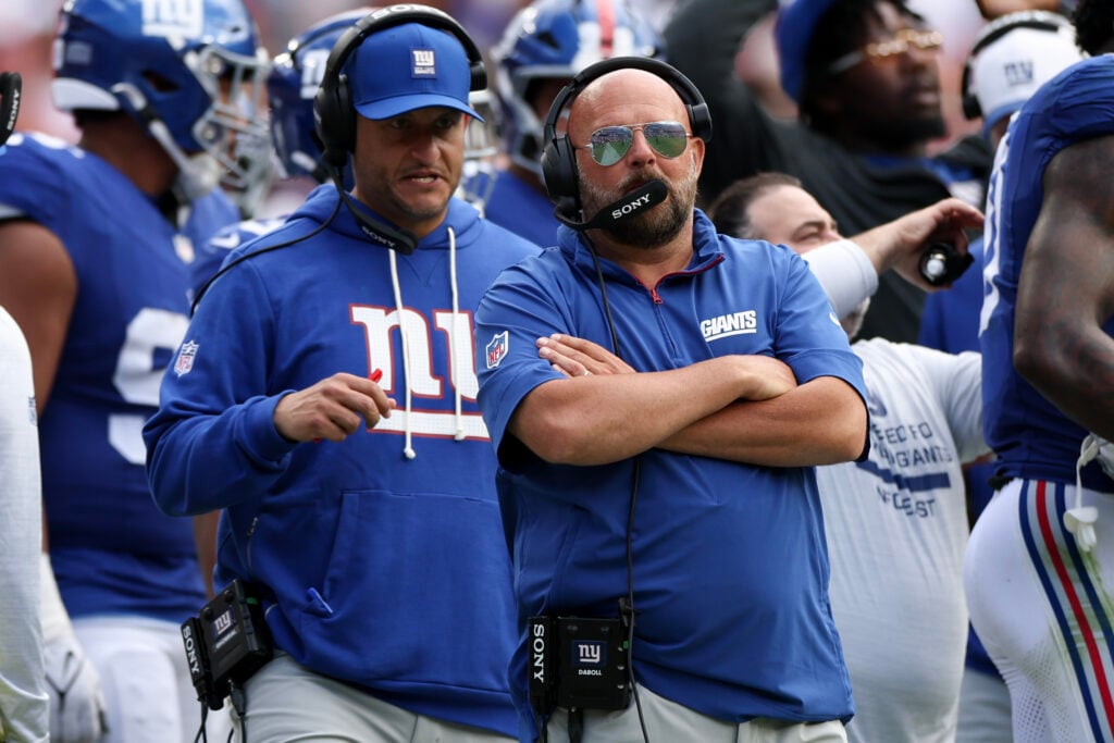LANDOVER, MARYLAND - SEPTEMBER 07: Head coach Brian Daboll of the New York Giants looks on during the first half against the Washington Commanders at Northwest Stadium on September 07, 2025 in Landover, Maryland.
