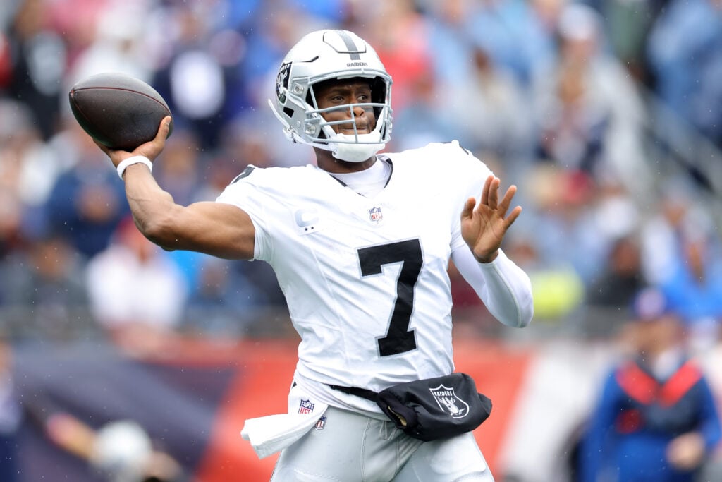 FOXBOROUGH, MASSACHUSETTS - SEPTEMBER 07: Geno Smith #7 of the Las Vegas Raiders looks to pass during the game against the New England Patriots at Gillette Stadium on September 07, 2025 in Foxborough, Massachusetts.