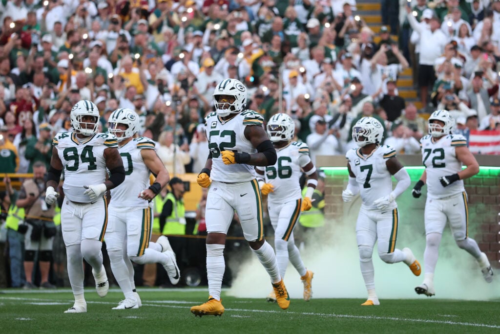 GREEN BAY, WISCONSIN - SEPTEMBER 11: The Green Bay Packers take the field prior to the game against the Washington Commanders at Lambeau Field on September 11, 2025 in Green Bay, Wisconsin.
