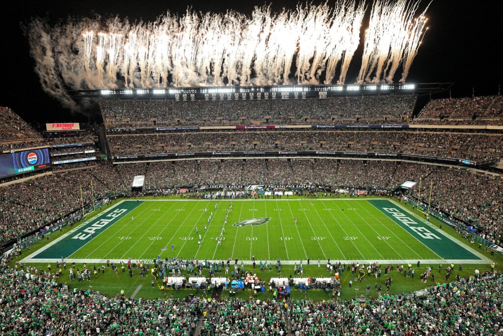 PHILADELPHIA, PENNSYLVANIA - SEPTEMBER 04: Fireworks go off as the Philadelphia Eagles kick the ball to Dallas Cowboys to start the first quarter in the game at Lincoln Financial Field on September 04, 2025 in Philadelphia, Pennsylvania.