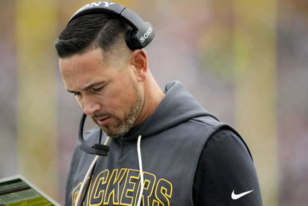 GREEN BAY, WISCONSIN - OCTOBER 12: Head coach Matt LaFleur of the Green Bay Packers looks on during the second quarter in the game against the Cincinnati Bengals at Lambeau Field on October 12, 2025 in Green Bay, Wisconsin.