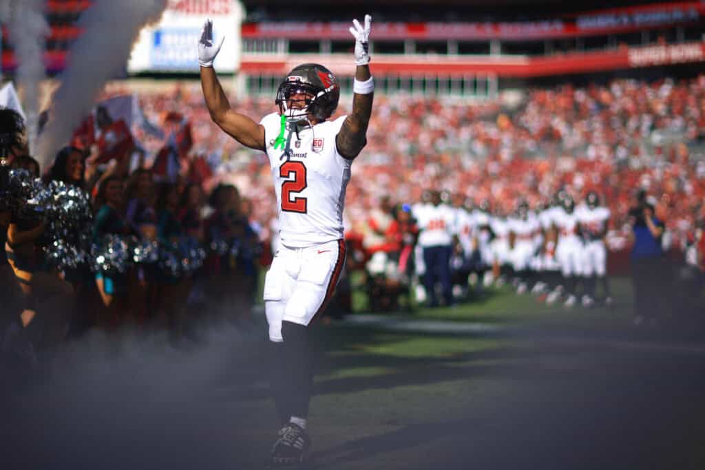 TAMPA, FLORIDA - OCTOBER 12: Emeka Egbuka #2 of the Tampa Bay Buccaneers is introduced before the game against the San Francisco 49ers at Raymond James Stadium on October 12, 2025 in Tampa, Florida.