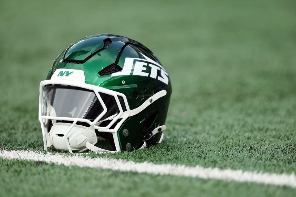 EAST RUTHERFORD, NEW JERSEY - AUGUST 16: Detail of a New York Jets helmet before the first half of the NFL Preseason 2025 game between New York Jets and New York Giants at MetLife Stadium on August 16, 2025 in East Rutherford, New Jersey.